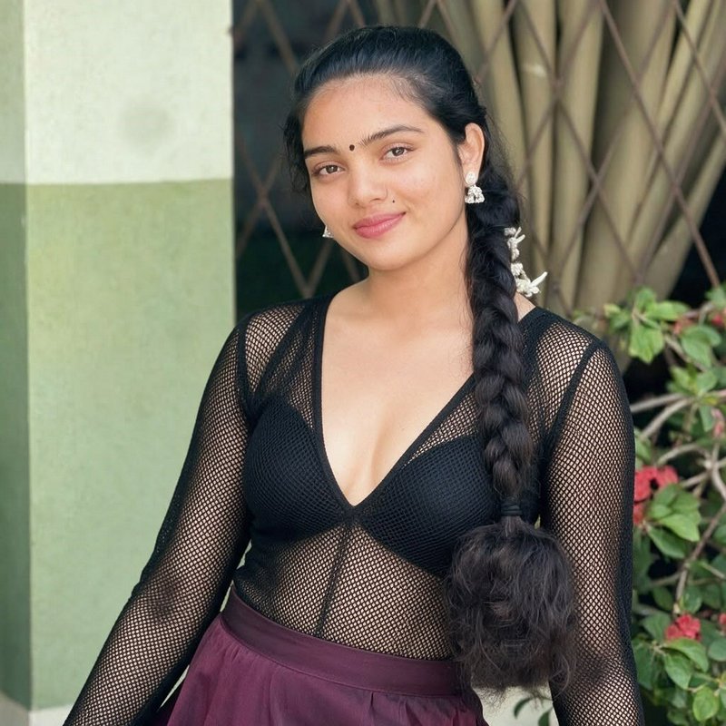 Portrait of young South Asian woman with long braided hair, bindi, smiling softly in a black mesh...