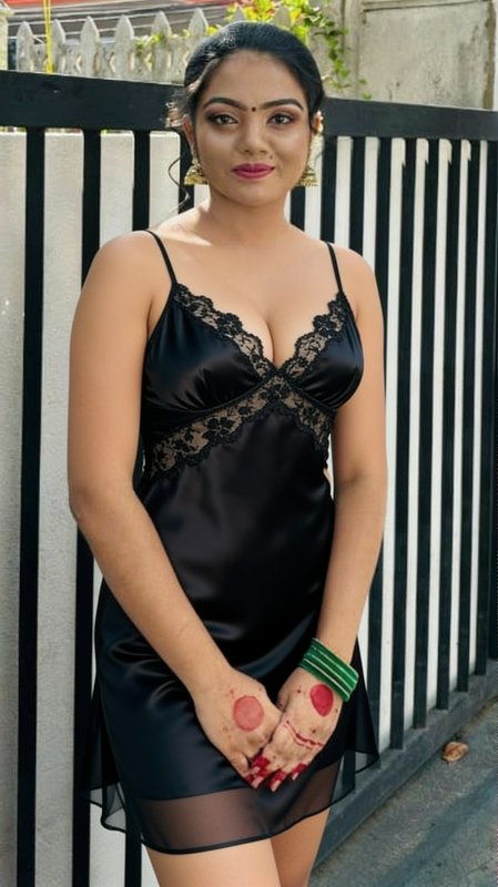 South Asian woman in a black lace satin nightgown poses outdoors, displaying hands with tradition...