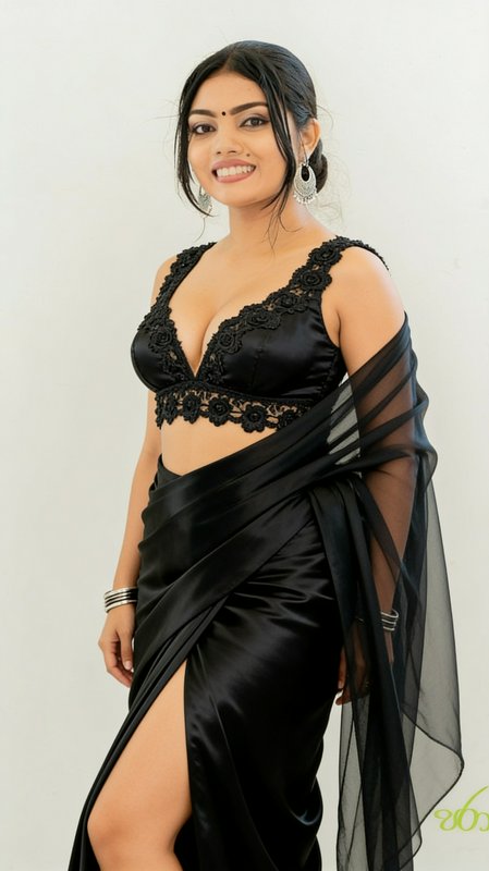 Smiling South Asian woman posing in a contemporary black satin saree with lace detailed blouse
