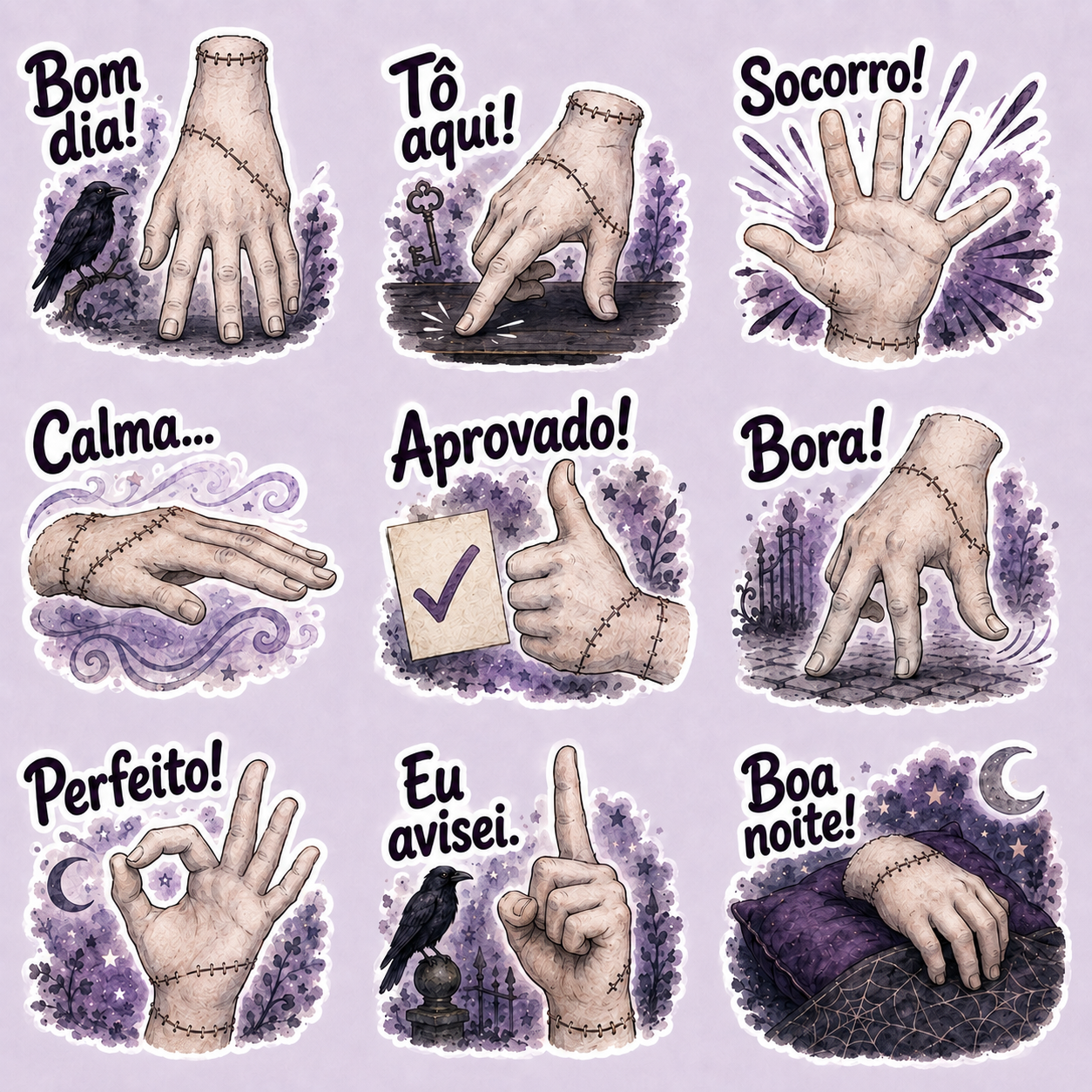 Gothic watercolor sticker set of stitched Thing hand from Addams Family with Portuguese reaction phrases on purple backgro...