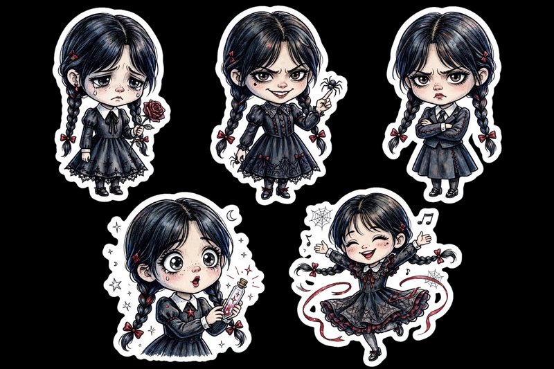 Set of 5 die-cut chibi Wednesday Addams stickers with varied poses and expressions on a solid black background