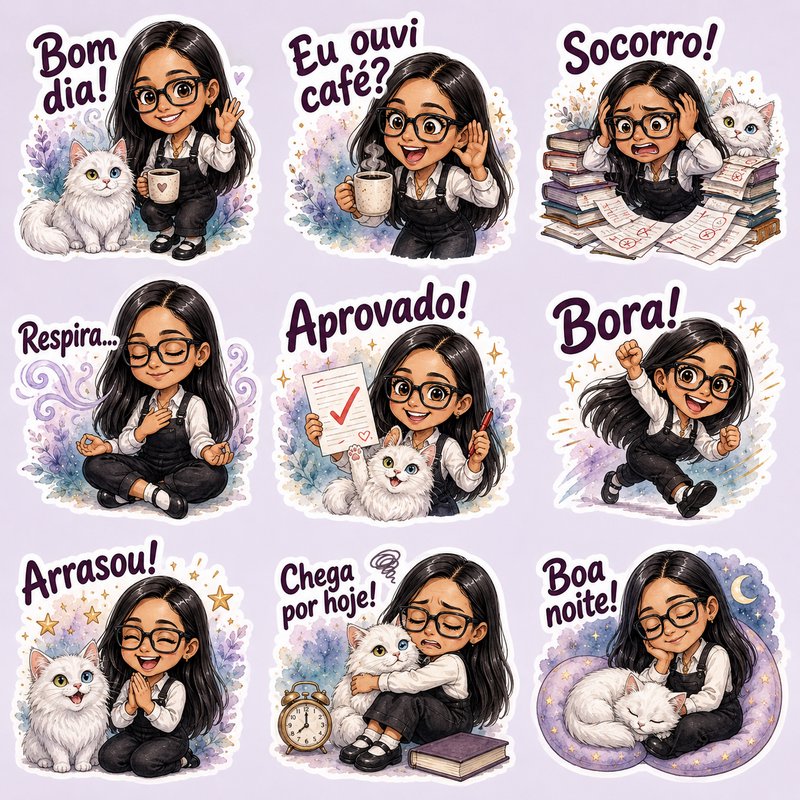 9-piece sticker sheet of chibi girl with glasses and her fluffy white cat, paired with fun Portuguese everyday chat captions.