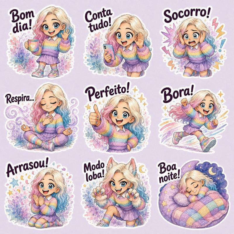 9 cute pastel chibi girl chat stickers with Portuguese messaging phrases on a soft lavender background