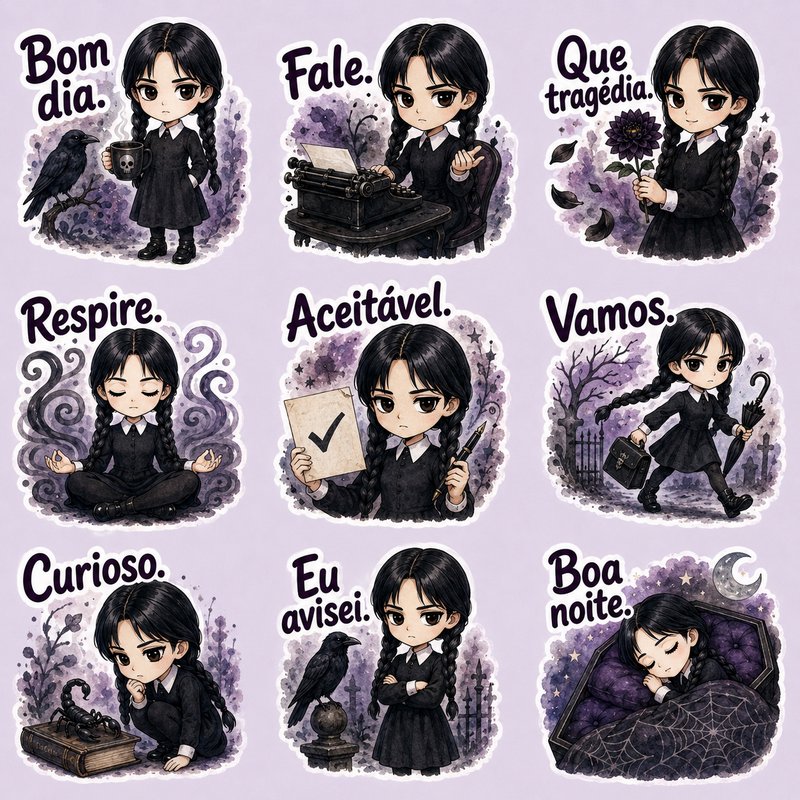3x3 sticker sheet of chibi Wednesday Addams illustrations with Portuguese text, gothic watercolor art on soft lavender
