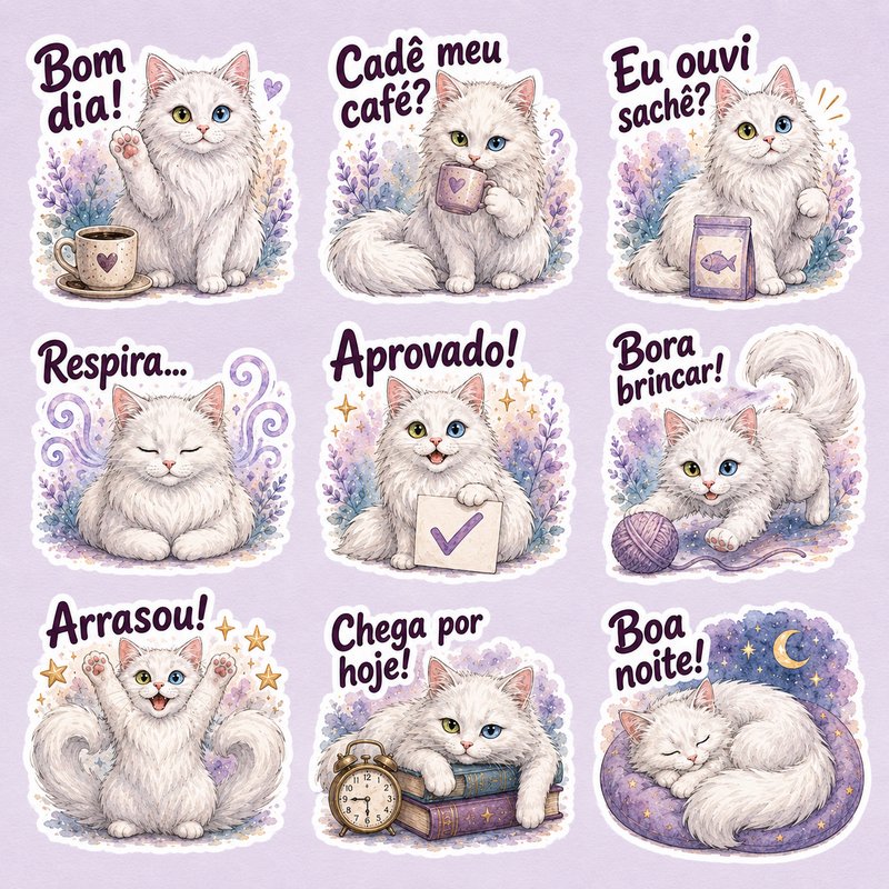Set of 9 soft watercolor fluffy white cat stickers with Portuguese text, pastel lavender themed w...