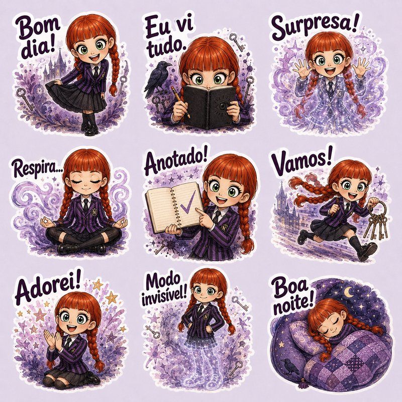 9-piece sticker set of a chibi red-haired magical academy student with Portuguese chat phrases, soft purple fantasy art