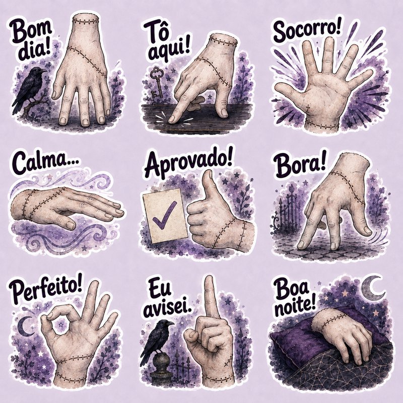 Gothic watercolor sticker set of stitched Thing hand from Addams Family with Portuguese reaction ...