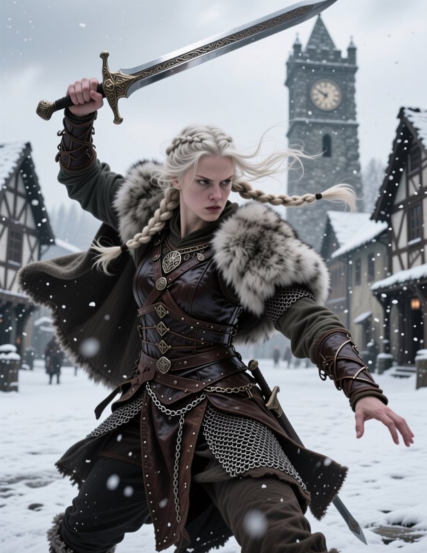 Blonde viking warrior woman raising an ornate sword in a snowy medieval village