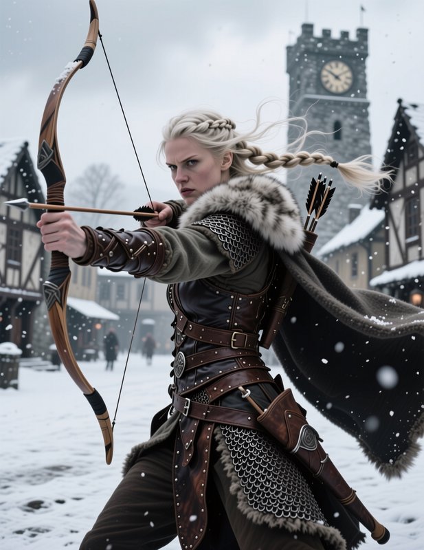 Fierce blonde viking archer draws a bow while standing in a snow-covered medieval winter village