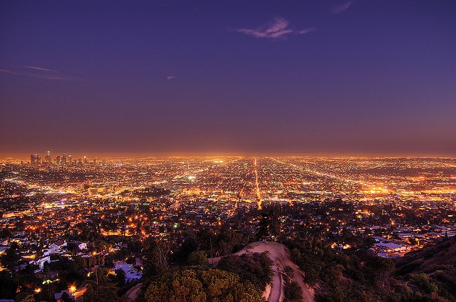 A panoramic twilight view of a sprawling city with glowing grid-like streets from a hillside overlook.