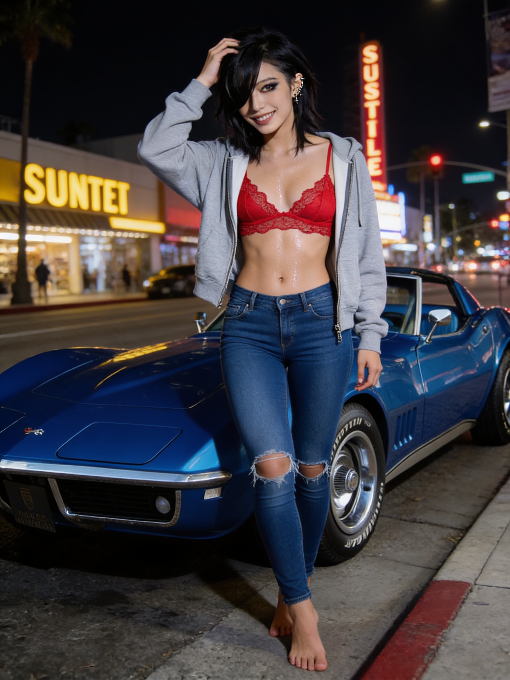 Smiling young woman leans against a glossy vintage blue Corvette on a neon-lit downtown city street at night.