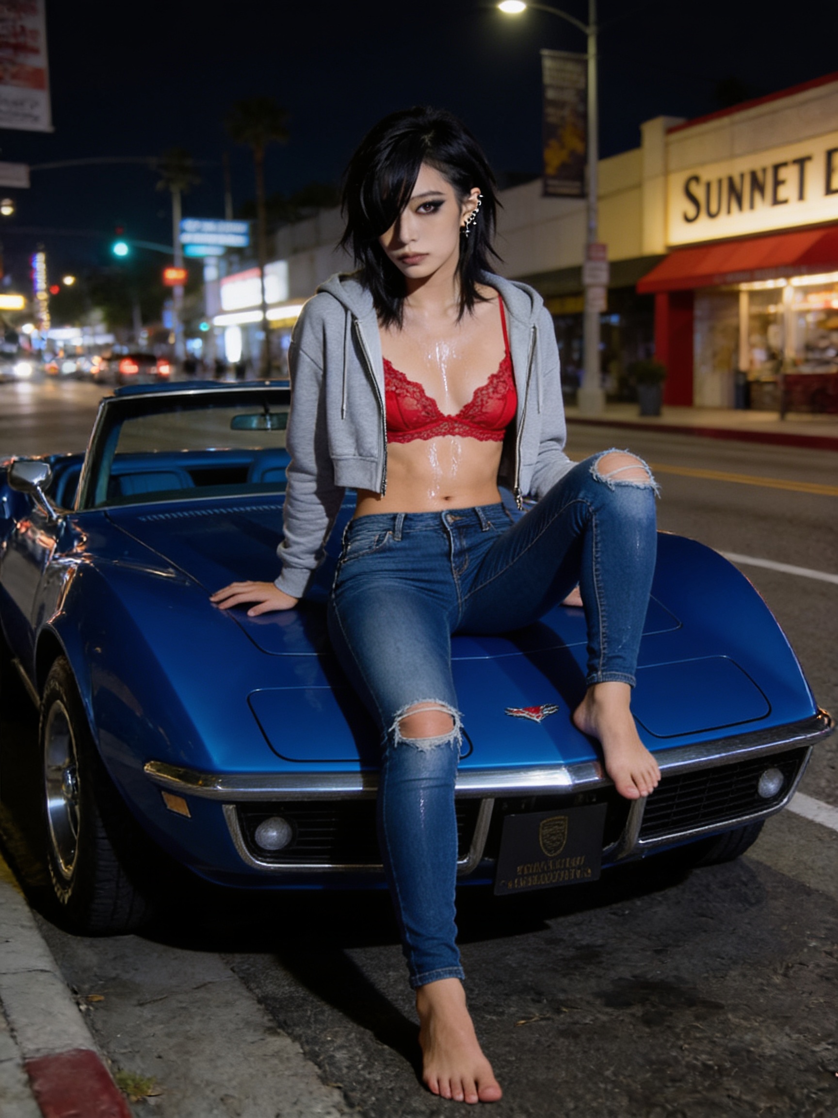 Edgy alt model seated barefoot on the hood of a glossy blue vintage Corvette convertible on a lit downtown night street.