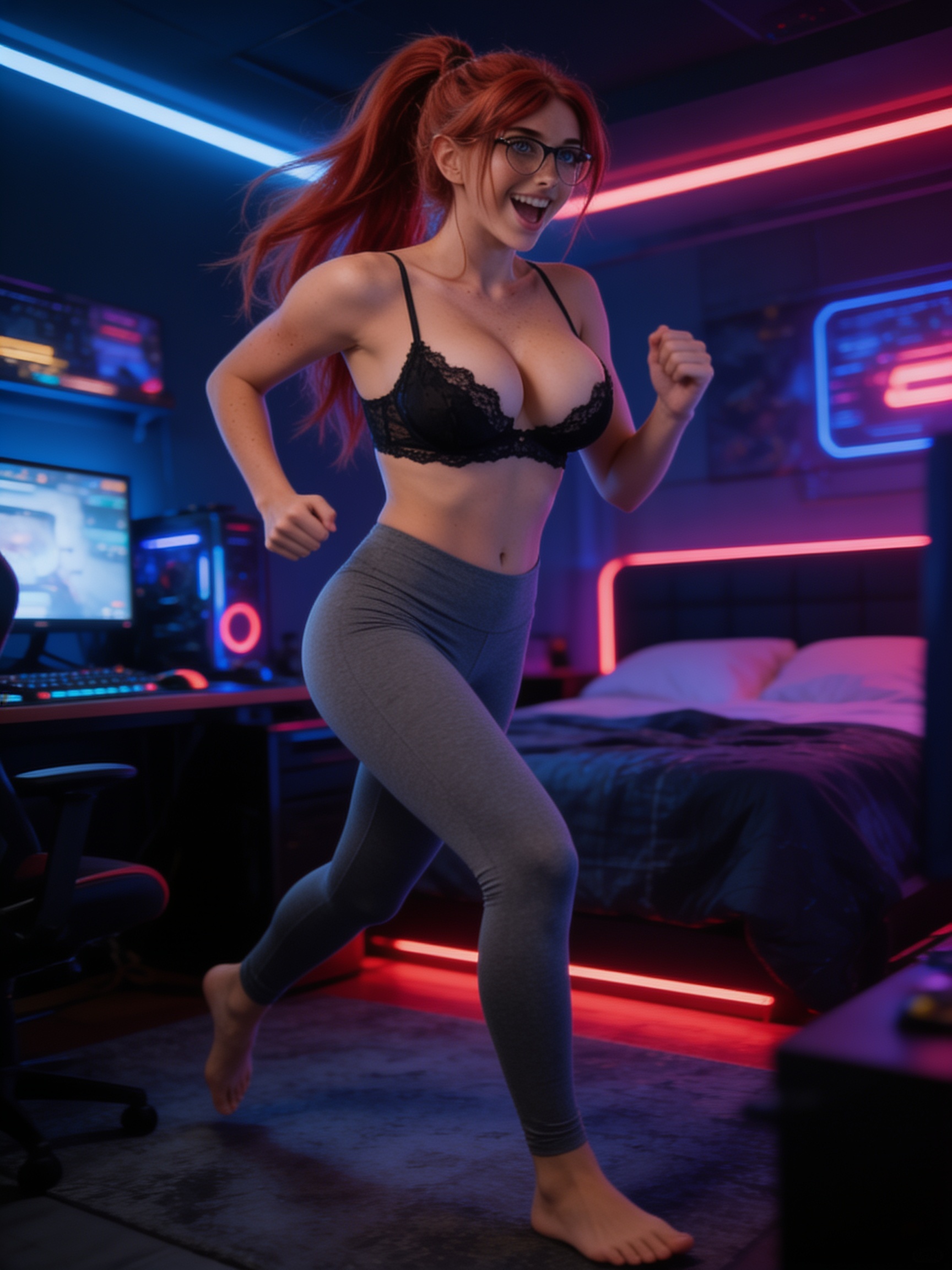 [Joyful red-haired woman with glasses strikes a running pose in a neon-lit gaming bedroom, wearing a lace bralette and leg...