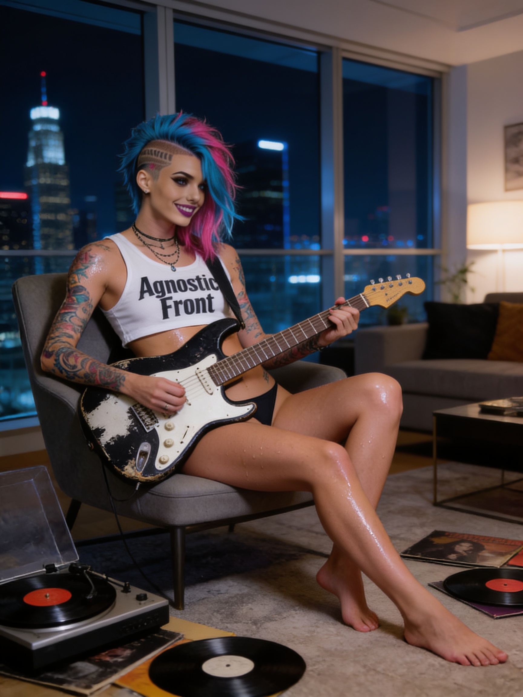Tattooed woman with pink and blue mohawk stands — AI art by ...