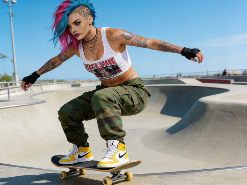 [Tattooed punk woman with blue and pink mohawk skateboarding at a sunny outdoor concrete skate park]