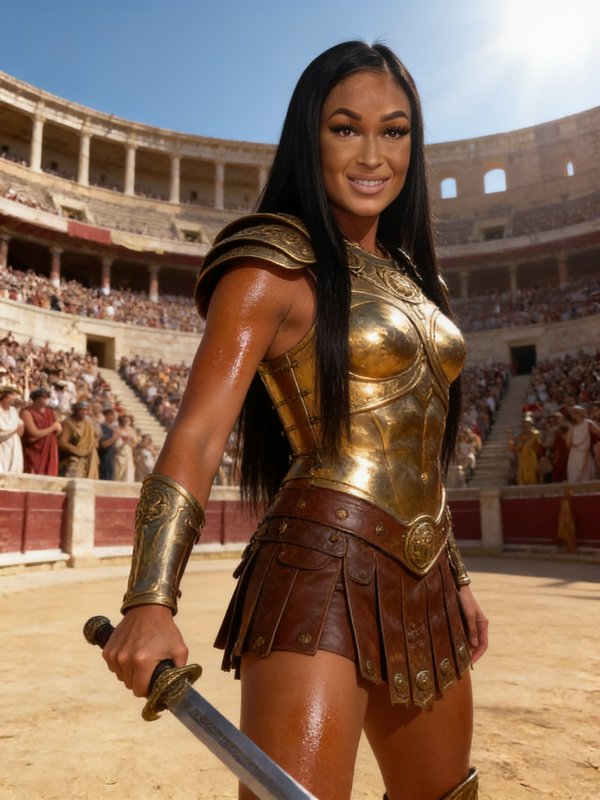 Smiling female Roman gladiator in ornate golden armor holds a sword in a sunlit coliseum arena