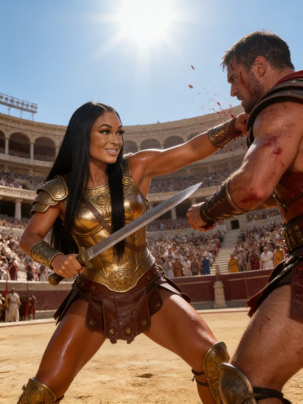 Smiling female gladiator in golden armor strikes a male opponent during combat in a sunlit Roman ...