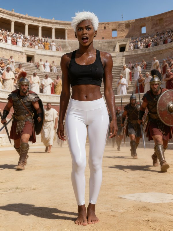 Athletic platinum-haired woman stands center of a Roman coliseum as gladiators approach behind her