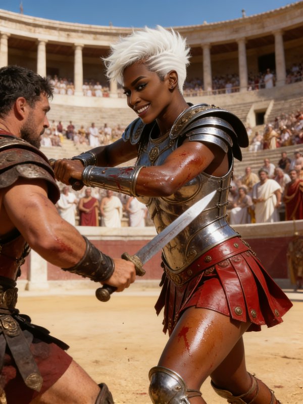 Female gladiator with short spiky white hair clashes swords with a male opponent in a sunlit Roman coliseum