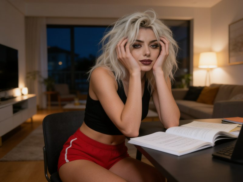 Tired young blonde woman rests her head in her hands while studying at a desk in a dim evening ap...