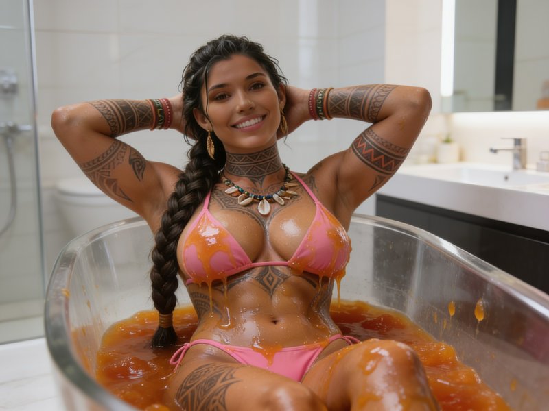 Smiling heavily tattooed woman in a pink bikini relaxes in a glass bathtub filled with thick oran...