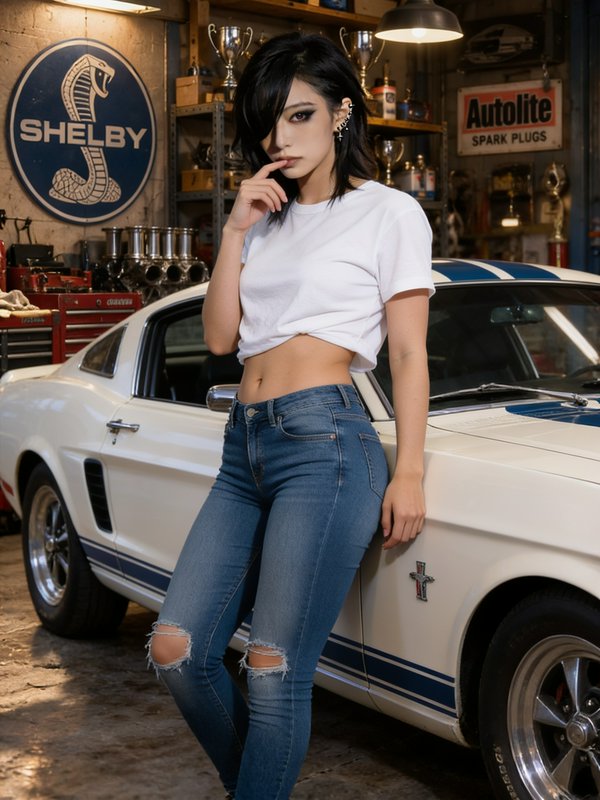 Young edgy woman leaning against a classic white Shelby Mustang in a vintage auto workshop
