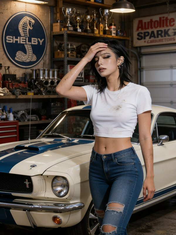 Grease-strepped young woman posing beside a vintage Shelby Mustang in a retro auto repair garage
