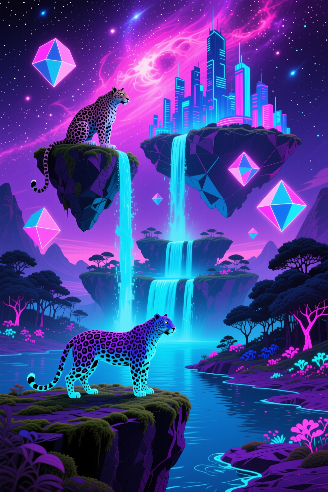Neon patterned leopards overlook floating islands, glowing waterfalls, and a futuristic city under a swirling starry nebula