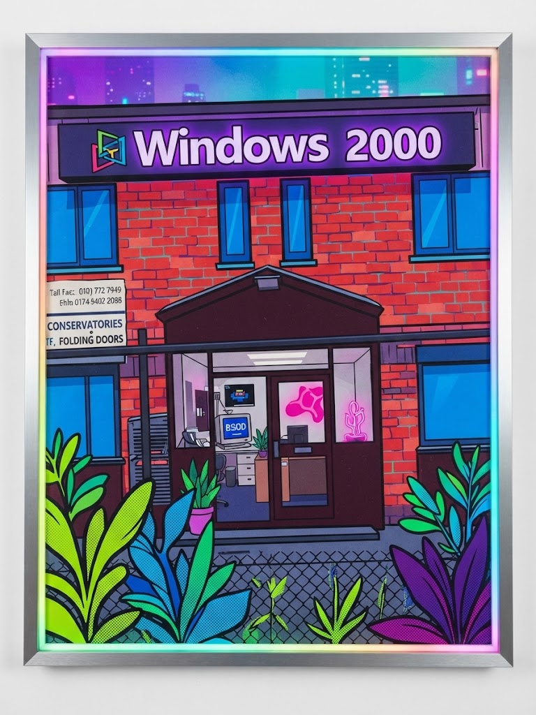 Framed pop art illustration of a Windows 2000 themed brick office building at neon dusk