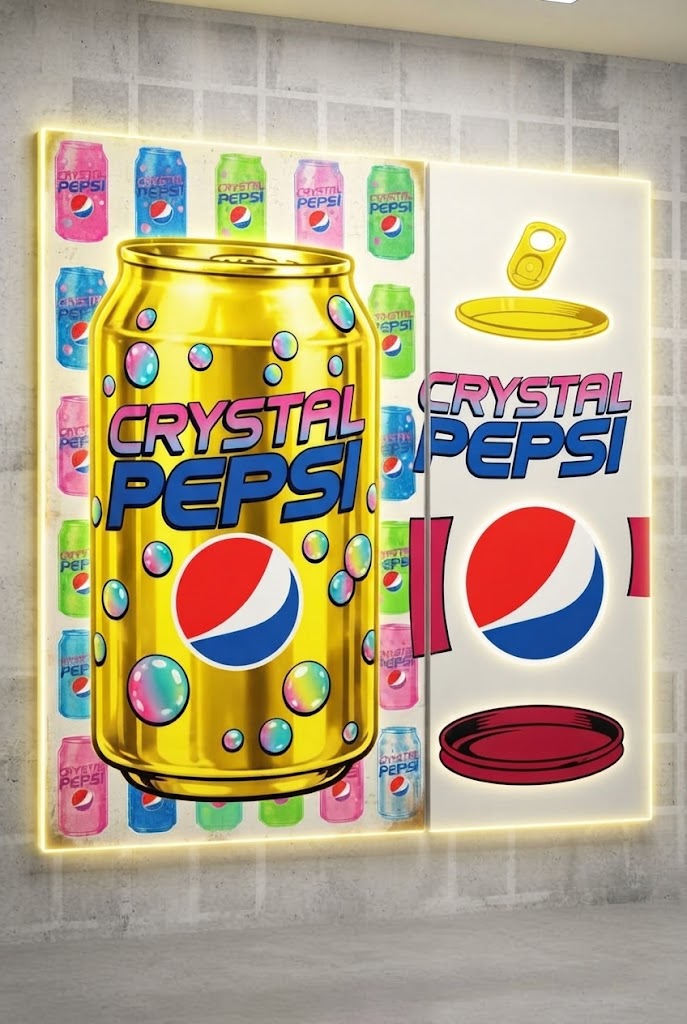 Glowing retro wall art featuring a giant golden Crystal Pepsi can and vintage soda branding