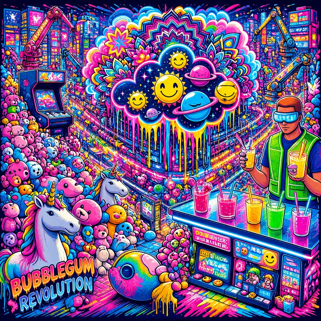 Vibrant psychedelic bubblegum revolution scene with unicorns — AI