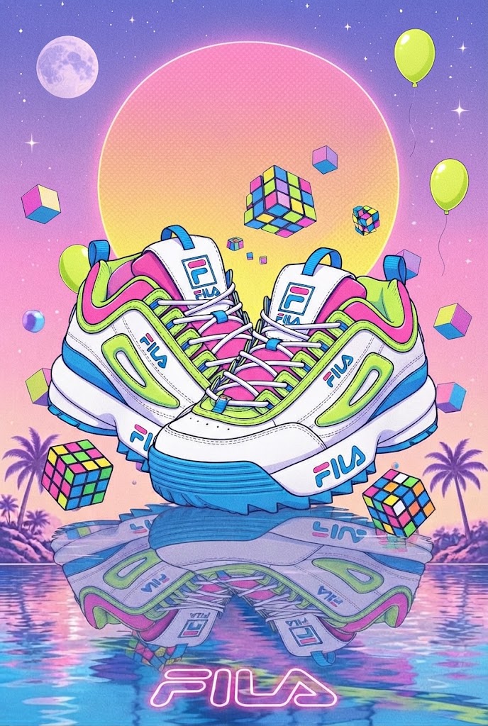 Chunky retro Fila sneakers float above reflective water in a pastel 90s vaporwave illustration