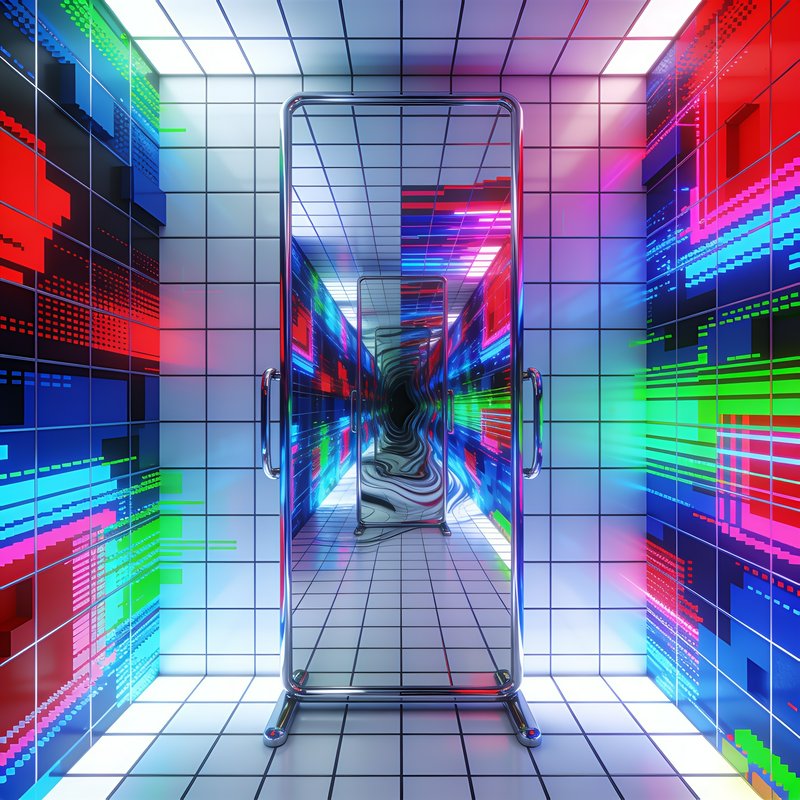 Surreal chrome standing mirror creating an infinite glitch neon tunnel in a white tiled liminal room