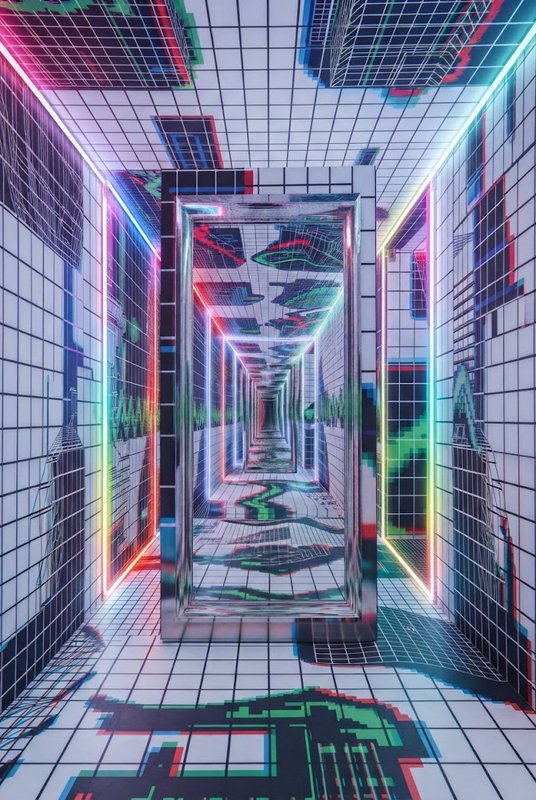 Infinite recursive mirror tunnel with glitch anaglyph effect, rainbow neon lights, and grid tiled cyberpunk corridor interior