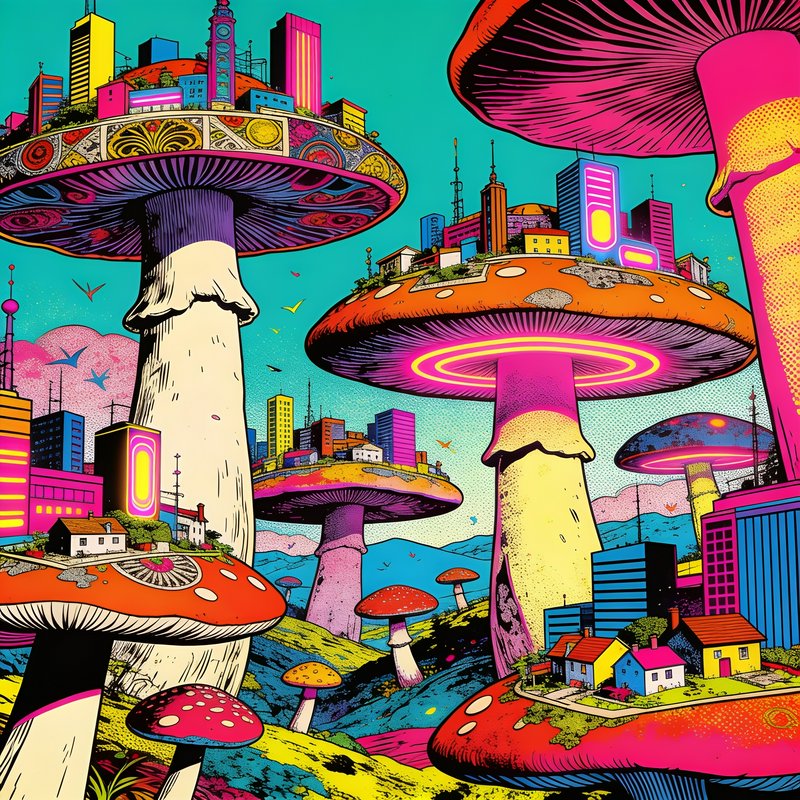 [Psychedelic pop art illustration of a surreal futuristic city built atop giant, colorful mushroom caps under a bright tea...