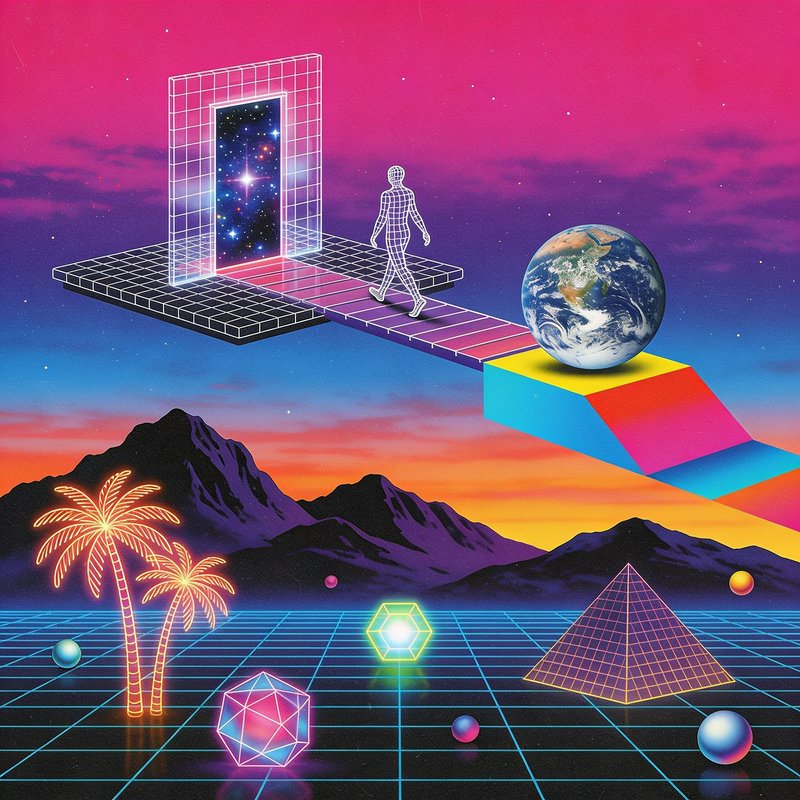 [Surreal synthwave illustration of wireframe human walking toward a cosmic portal over a neon grid landscape, gradient sun...