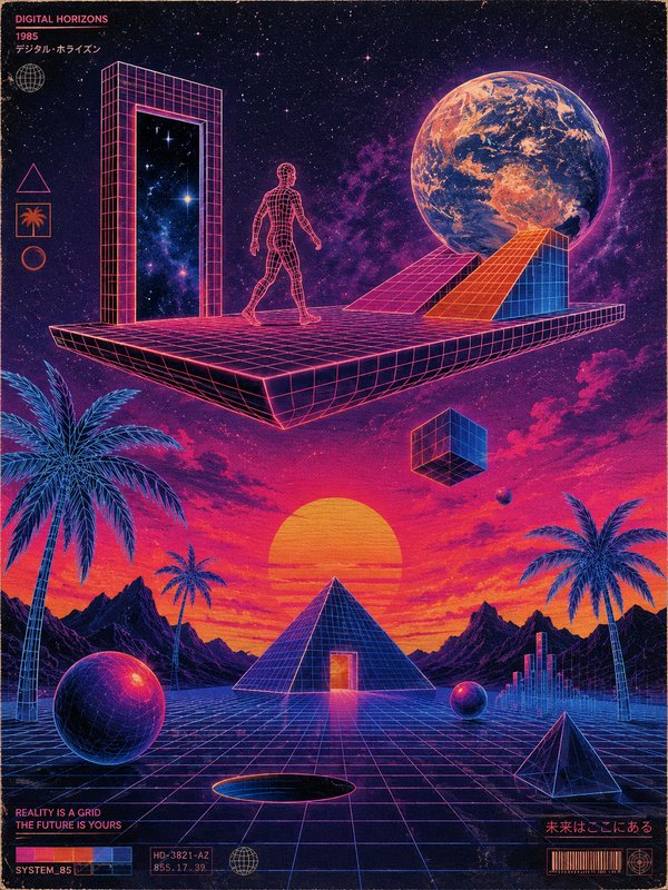 Synthwave retrowave illustration of a wireframe human on floating grid platform above neon retro-futuristic sunset landscape