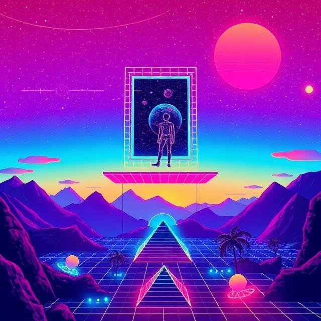 Synthwave landscape with glowing wireframe human standing in a neon space portal above a retro grid valley at colorful sun...