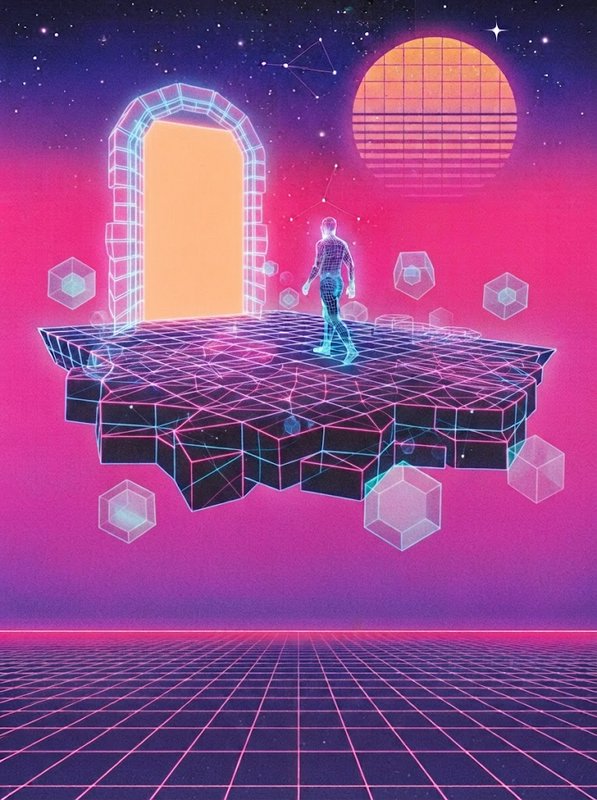 Synthwave wireframe illustration of a human figure walking toward a glowing portal on a floating grid platform