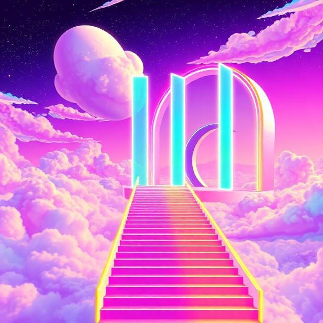 Surreal vaporwave staircase ascending to a glowing neon portal above fluffy pastel pink clouds under a gradient starry sky.