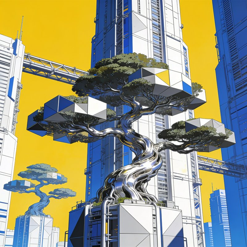 Polished metallic bonsai tree with geometric foliage sits atop a futuristic platform, framed by sci-fi skyscrapers under a...