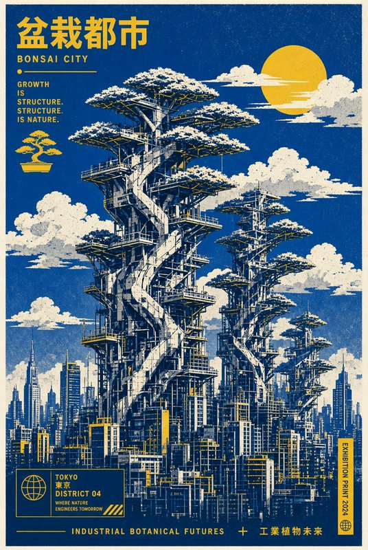 [Retro-futurist Bonsai City poster showing giant bonsai-shaped skyscrapers against a bright blue sky with a golden sun.]