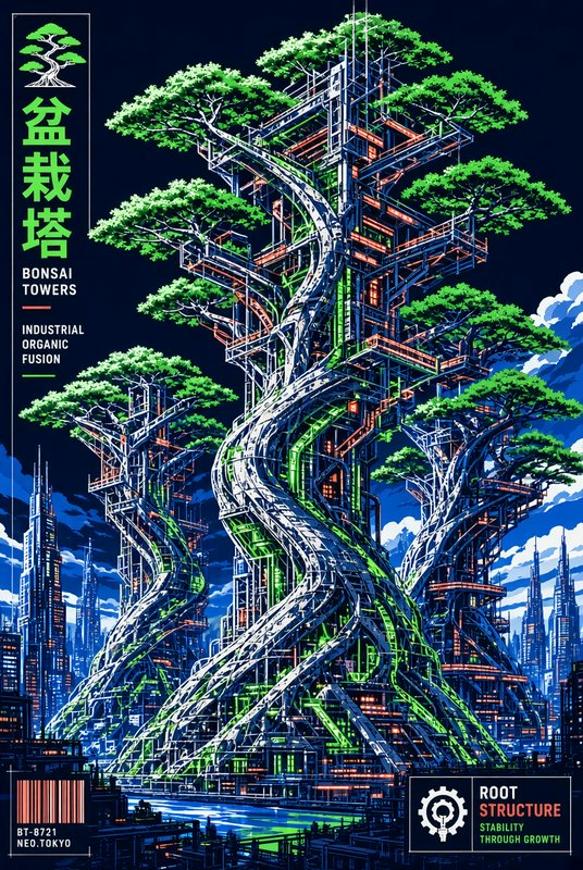 [Cyberpunk illustration of hybrid industrial bonsai skyscrapers blending organic tree growth with futuristic architecture ...