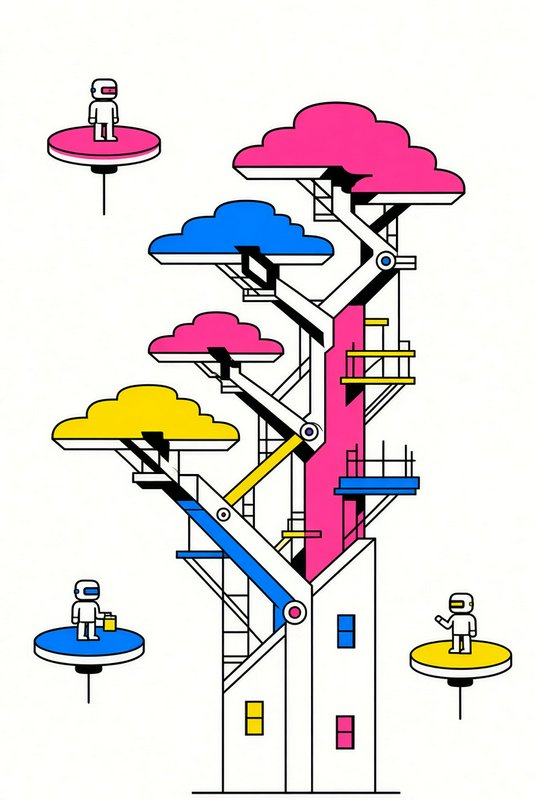 Flat retro-futuristic illustration of a mechanical tree tower with astronauts on matching colored floating hover platforms.