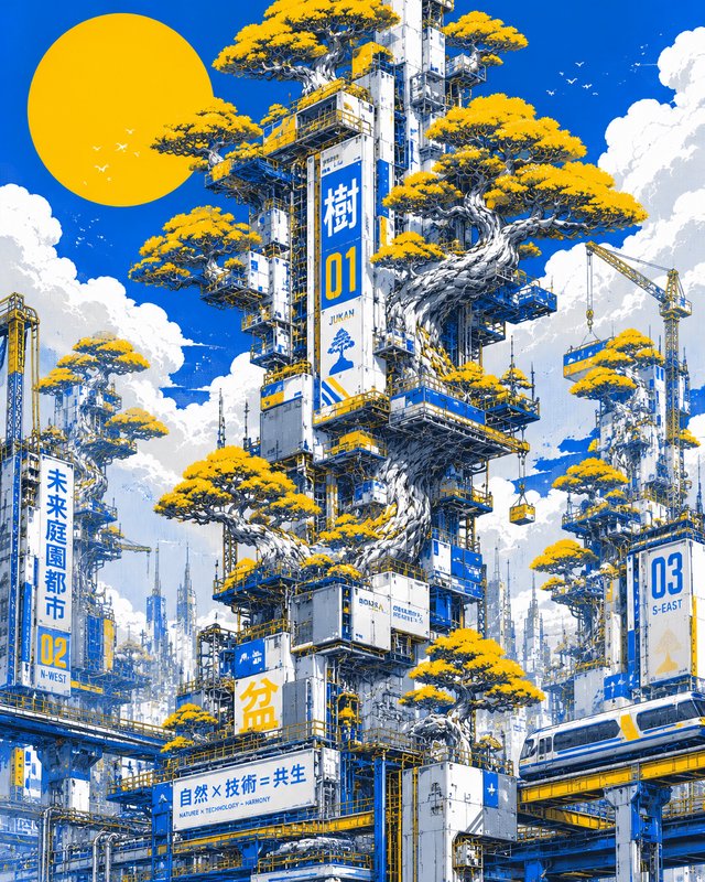 Futuristic solarpunk skyscrapers intertwined with golden bonsai trees under a bright yellow sun, bold blue and yellow palette