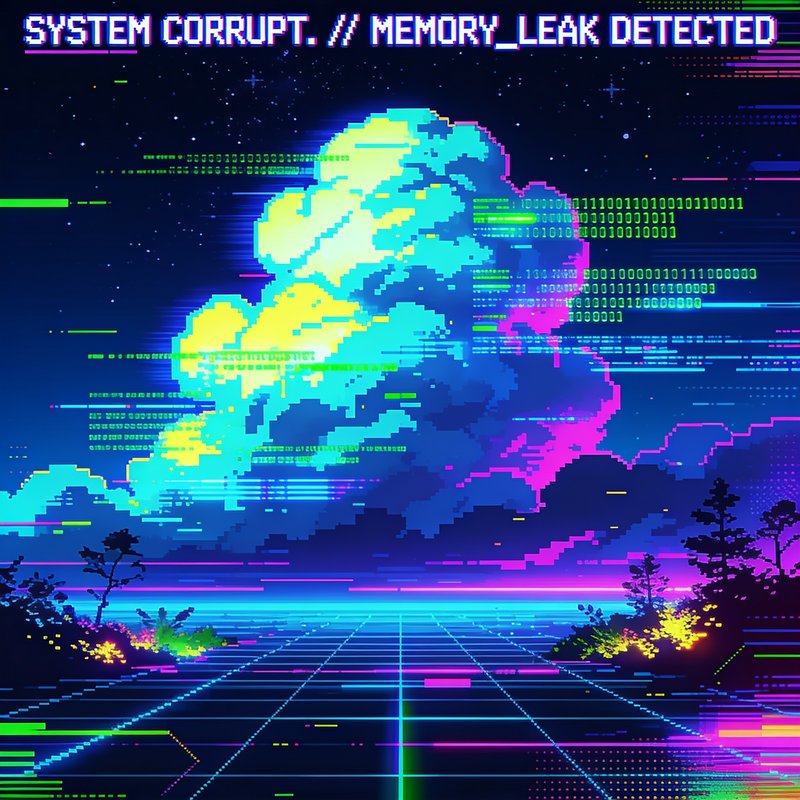 [Glitchy pixel synthwave landscape with top text reading "SYSTEM CORRUPT. // MEMORY_LEAK DETECTED" and corrupted data cloud]