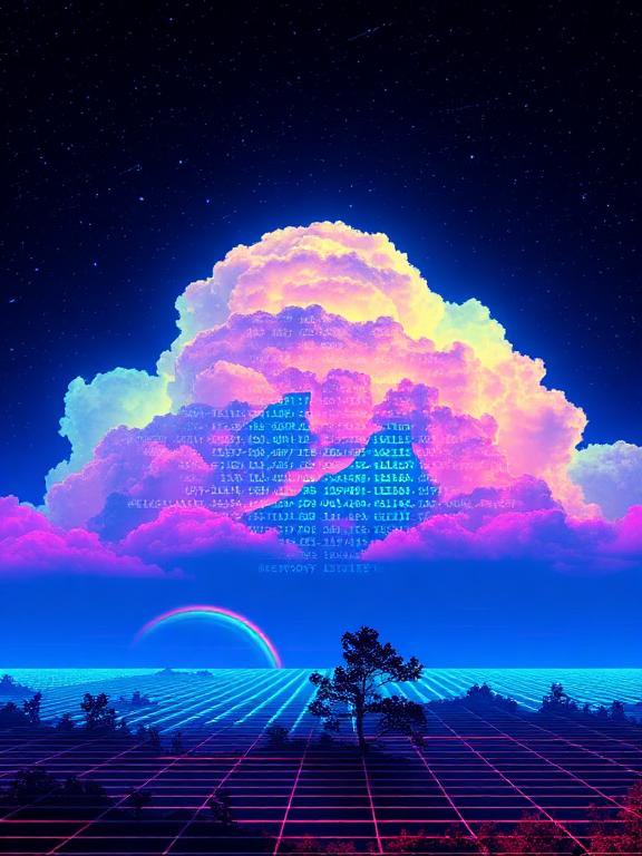 [Synthwave retro-futurist landscape with neon grid, glowing pastel cloud, starry sky, lone silhouetted tree, and glitch te...