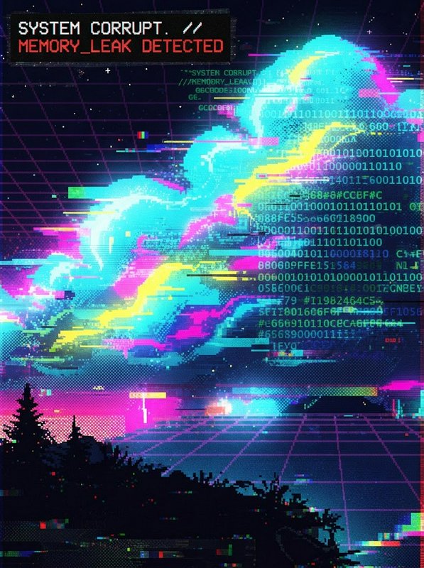 [Glitch pixel vaporwave art displaying system corrupt error alert, neon swirling tornado over retro grid landscape with pi...