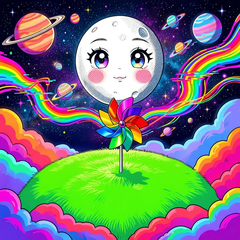 [Kawaii chibi moon with big sparkly eyes floats above a rainbow pinwheel on a grass hill in vibrant psychedelic outer space.]