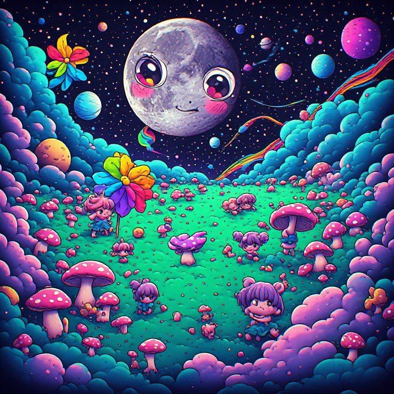 [Whimsical kawaii fantasy scene featuring a blushing cartoon moon, chibi characters, pink spotted mushrooms, and starry co...